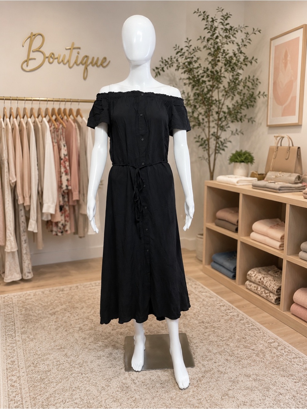 LOFT Black Off-the-Shoulder Button-Front Maxi Dress